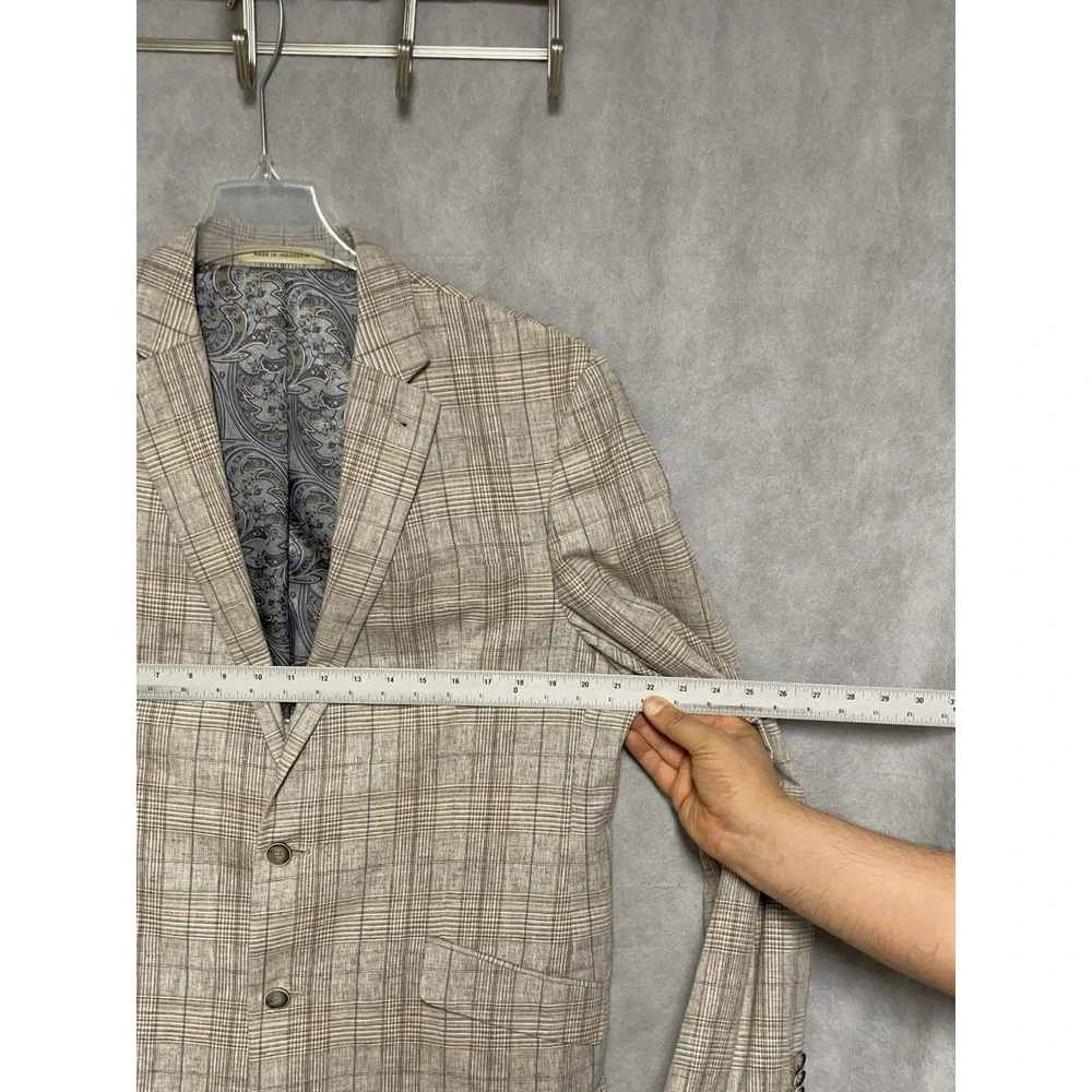 Joseph Abboud Blazer Men 42L Tan Plaid Slim Linen Cotton Casual Sport Coat Luxe